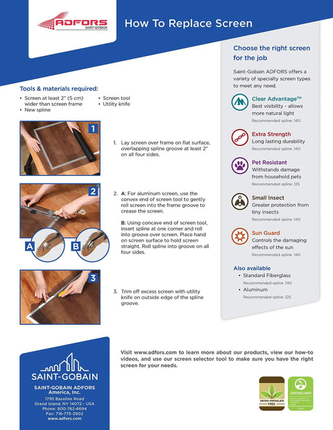 Instruction sheet on how to replace screen using Charcoal 36 Inch By 25 Foot Window And Door Replacement Screen Fiberglass Roll Easy To Install Won't Dent Or Unravel Standard Screen For Windows And Doors Greenguard Gold Certified.