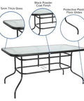 Modern Rippled Glass Outdoor Dining Table With Umbrella Hole, Rectangular 31.5 Inch By 55 Inch, Tempered Glass Top, Black Metal Frame For Patio Or Backyard Gatherings with detailed view of 5mm thick glass and black powder coat finish.