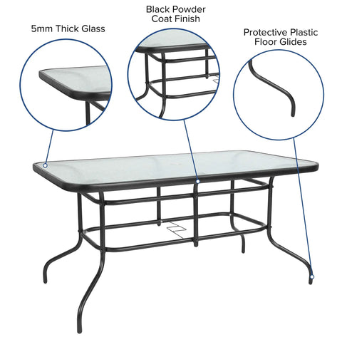 Modern Rippled Glass Outdoor Dining Table With Umbrella Hole, Rectangular 31.5 Inch By 55 Inch, Tempered Glass Top, Black Metal Frame For Patio Or Backyard Gatherings with detailed view of 5mm thick glass and black powder coat finish.