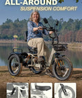 Foldable Full Suspension Electric Tricycle For Adults With A Beefy 1200W Motor 48V 20Ah Battery 20x3 Fat Tires 20 MPH Top Speed 100 Mile Range Reverse Parking Differential Red With Premium Seat, rider by lake