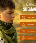 Person wearing Desert Shemagh Tactical Scarf 43x43 Inches, 100 Percent Cotton Keffiyeh for camping, outdoor use, close-up view