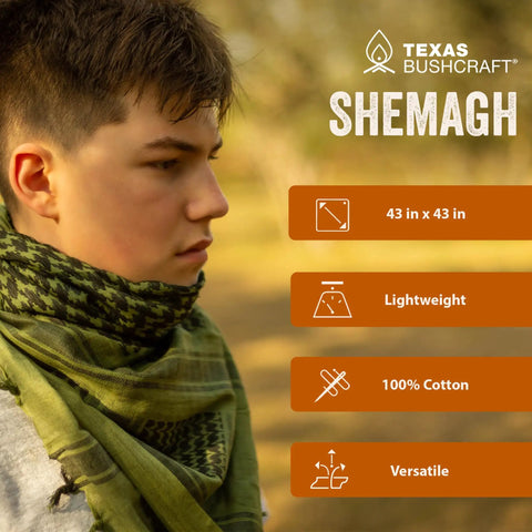 Person wearing Desert Shemagh Tactical Scarf 43x43 Inches, 100 Percent Cotton Keffiyeh for camping, outdoor use, close-up view