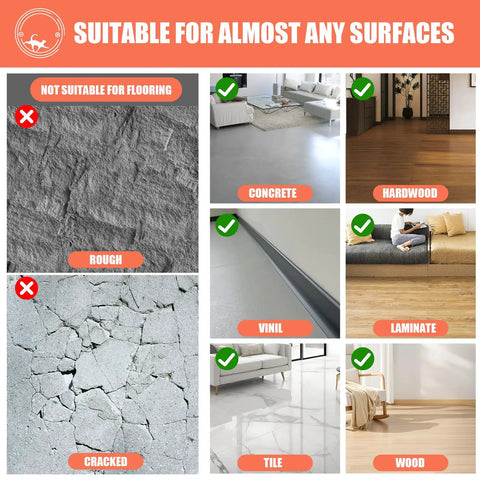 Chart showing suitable surfaces for Heavy Duty Double Sided Carpet Tape For Rugs And Carpets, including vinyl and hardwood.