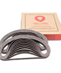 60 Grit Aluminum Oxide Air File Sanding Belts 1/2 X 18 Inches, 20 Pack with packaging, displayed in arc formation.
