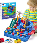 Child playing with Race Track Toy Set For 3 Year Old Boys Magnetic Helicopter Rescue Car Puzzle Track Challenge STEM Learning Montessori Toddler Toy For 3 To 4 Year Olds Kid Friendly Play Set featuring colorful track and cars