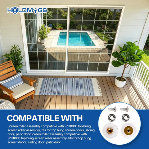Heavy Duty Screen Roller Assembly 2 Pack Replaces 9311006 for top hung sliding patio doors with smooth operator wheels and screws