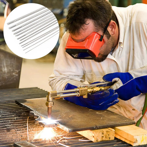 Pro Grade Welding And Carb Cleaning Kit With 13 Cleaning Wire Sizes And Sharp Pick used by a welder wearing protective gear