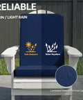 Set Of 2 Outdoor Adirondack Chair Cushions With Removable Covers And Water Repellent And Fade Resistant Faux Linen Securing Straps And Non Slip Bottom Fits Most Adirondack And Rocking Chairs In Navy, shown installed on white chair, displaying water-repellent and fade-resistant features.