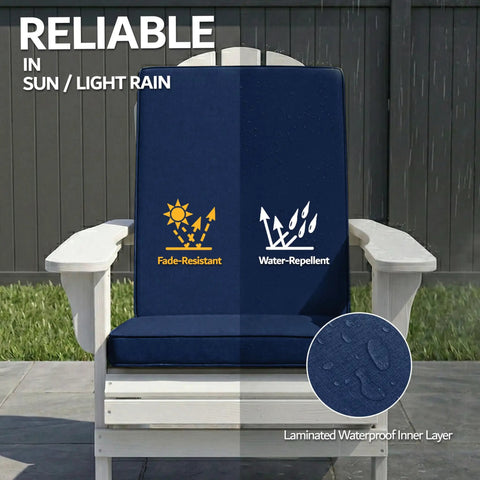 Set Of 2 Outdoor Adirondack Chair Cushions With Removable Covers And Water Repellent And Fade Resistant Faux Linen Securing Straps And Non Slip Bottom Fits Most Adirondack And Rocking Chairs In Navy, shown installed on white chair, displaying water-repellent and fade-resistant features.