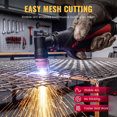 Plasma Cutter STC750P 75 Amp HF NonTouch Pilot Arc cutting metal mesh in a workshop setting, sparks visible.