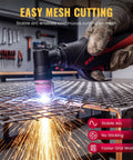 55Amp Dual Voltage Plasma Cutter With HF Non-Touch Pilot Arc cutting metal mesh with stable arc in a workshop setting.