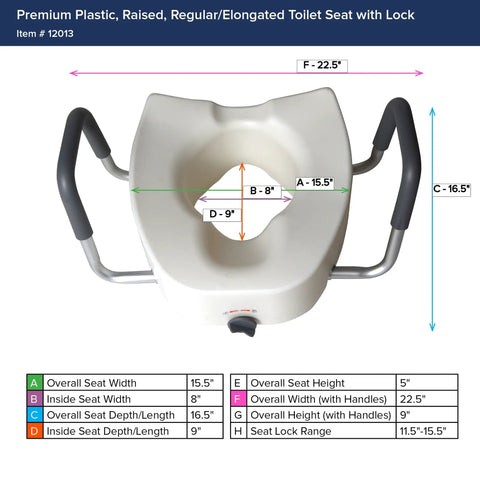 Raised Toilet Seat With Locking Arms And 5 Inch Lift, Elongated Bowl, Premium Plastic, Padded Armrests, Safety Features Diagram