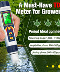 4 In 1 Pro Grade pH EC TDS Temp Meter For Hydroponics held over water with digital display, ideal for nutrient solutions