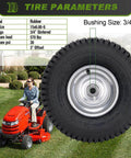 15X6.00-6 Lawn Mower Tire With Wheel Front Tire for Riding Mowers, fits most lawn tractors, image showing tire details and rider