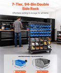 Seven Tier Double Sided Rolling Bin Storage Rack With Ninety Four Plastic Bins On Wheels in a workshop setting