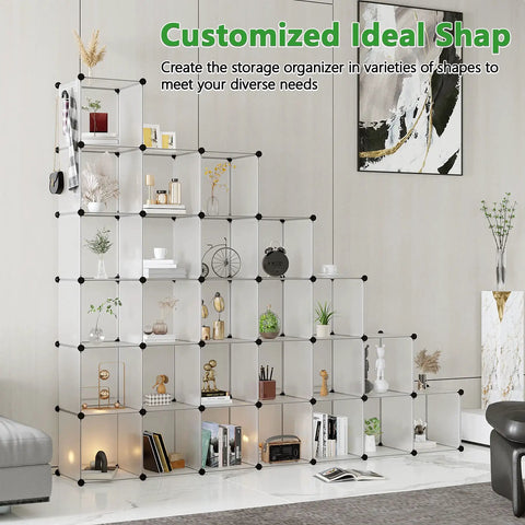 Modular Cube Storage Organizer 30 Cube Shelving Unit DIY Plastic Bookshelf Closet Cabinet in a living room setting, transparent design.