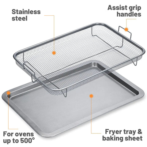 Extra Large Oven Air Fryer Basket Set, Stainless Steel Tray, Large Capacity 17.5 X 11.8 Inches, Two Piece Roasting Baking Sheet For Oven