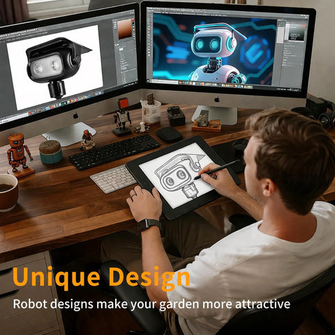 Designer sketching Lit Robot Style Solar Garden Lights 4 Pack IP65 Waterproof Outdoor LED Spotlight on tablet