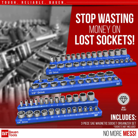 Magnetic Socket Organizer Set 3 Piece Metric Socket Holder Blue for 1/2 3/8 1/4 inch Drives Holds 75 Sockets
