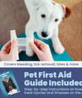 Dog first aid kit items shown on a white dog; person applying a bandage wrap; includes Pet First Aid Guide booklet