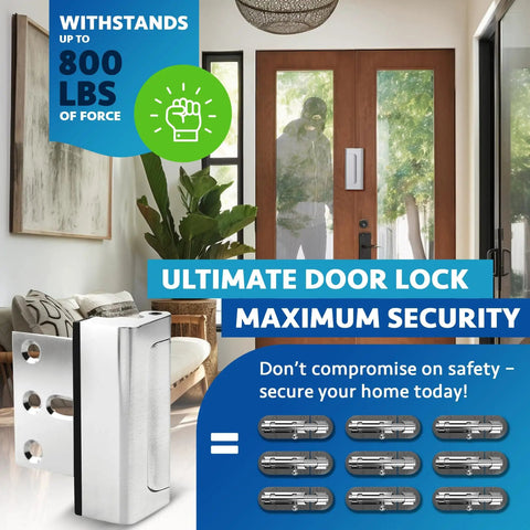 Door Reinforcement Lock Two Pack Heavy Duty Front Door Security That Withstands Up To Eight Hundred Pounds Of Force showcasing lock features