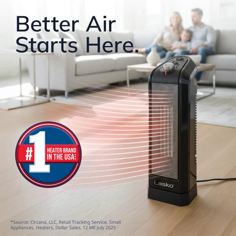 Oscillating Ceramic Tower Space Heater with adjustable thermostat and two quiet heat settings for quick warmth in living room