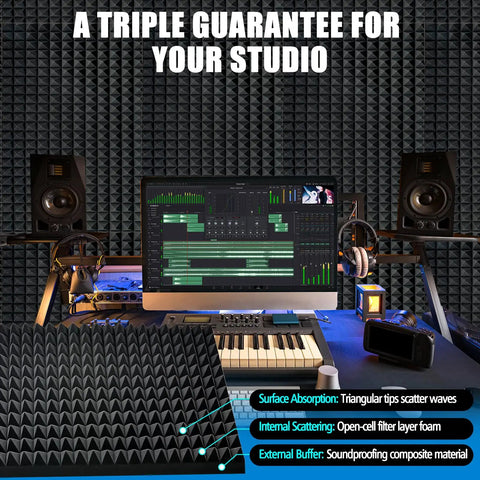 High Density Pyramid Acoustic Foam Panels 4 Pack 48 X 24 X 2 Inch Flame Retardant Sound Absorbing Studio Foam on desk