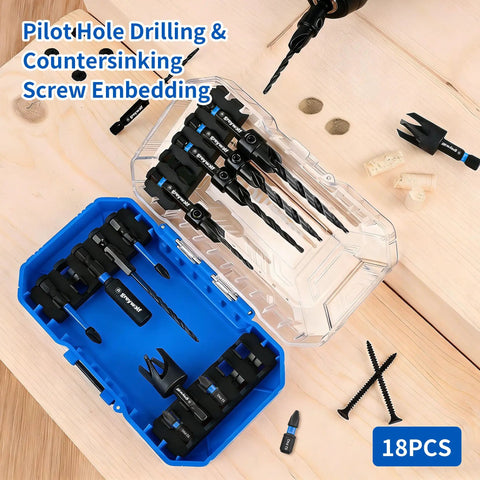Professional 18 Piece Countersink Drill Bit Set Featuring M2 High Speed Steel Tapered Bits in a blue storage case.