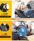 Professional Grade 7 1 4 Inch Circular Saw Featuring A Robust 1600 Watt Motor And 11 7 Amps Of Kick Ass Cutting Power For Heavy Duty Woodworking Projects At 6100 Rpm Lightweight Portable Design angle and depth adjustment features illustrated.