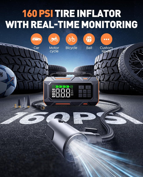16-In-1 8000A Car Jump Starter With Air Compressor 160 PSI, digital display and attachments, tire inflator on asphalt