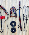 Full Size Leather Horse Driving Harness With Red Trim and lines, premium quality horse driving equipment laid against wooden fence.