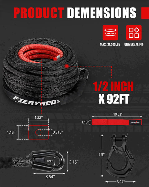 Coiled Beefy 100 Foot 3/8 Inch Synthetic Winch Rope with sleeve, forged hook, and D-ring, suitable for 4WD SUVs, 26500 lbs strength.