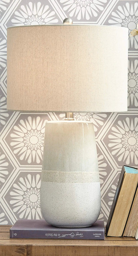 Contemporary Ceramic Table Lamp With Textured Neutral Glaze In Beige And White, 27 Inch Tall, Fabric Drum Shade, A Cozy Vibe For Modern Living Rooms Or Office Decor.