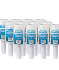 Heavy Duty 5 Inch Stretch Wrap 12 Pack With Built In Handle 80 Gauge Clear Plastic Shrink Film For Moving Warehouse Pallets And Storage. Clear film rolls stacked for secure shipping.