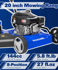 20-Inch Gas Lawn Mower With 144cc OHV 4-Cycle Engine, Easy Start Primer, Walk-Behind Design, Side Discharge, 8-Position Adjustable Cutting Heights, Durable Yard Workhorse For Tall Grass And Tough Turf, blue deck and rear wheels