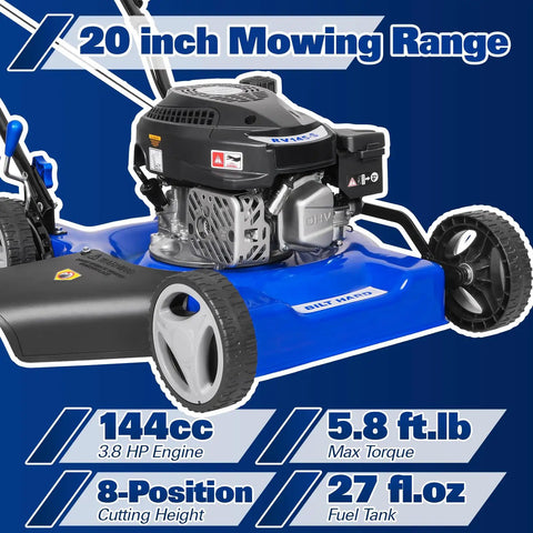 20-Inch Gas Lawn Mower With 144cc OHV 4-Cycle Engine, Easy Start Primer, Walk-Behind Design, Side Discharge, 8-Position Adjustable Cutting Heights, Durable Yard Workhorse For Tall Grass And Tough Turf, blue deck and rear wheels