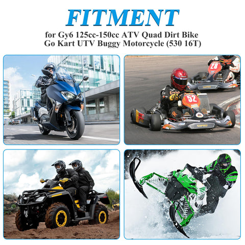 Fitment examples for 16T 530 Chain Front Sprocket With 24 Spline Fits GY6 150cc 200cc 250cc ATV Quad Go Kart Dirt Bike UTV