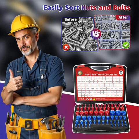 70 Piece Thread Checker Set For Nuts And Bolts, Includes 37 Inch And 33 Metric Gauge Box, SAE And Metric Sizes, Compact Kit