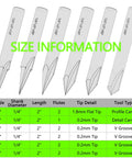 Image showing size details of Nano Blue Coated CNC Wood Engraving Router Bit Set One Quarter Inch Shank with various V Grooves.