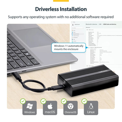 Top Notch USB4 And Thunderbolt 3 M.2 Nvme Ssd Enclosure Featuring Chill Aluminum Heatsink Casing For Hassle Free Portable Drives connected to a laptop.