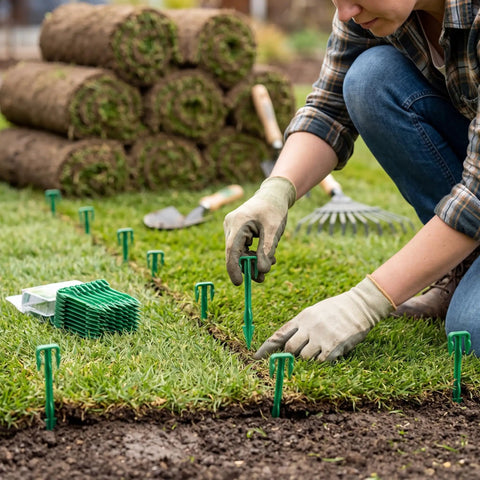 Person installing 200 Pack 4 Inch Biodegradable Landscape Stakes For Landscape Fabric Weed Barrier And Turf Sod Staples on lawn