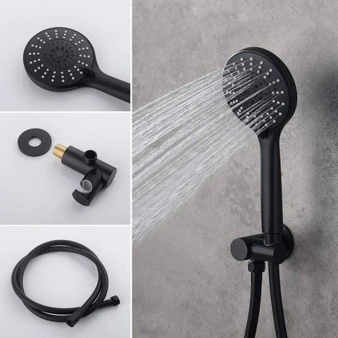 Matte Black All In One Shower System Complete Kit With 12 Inch Rainfall Shower Head And 5 Setting Handheld Rough In Valve Body And Trim Included 16.9 Inch Shower Arm And 59 Inch Hose For High Pressure Spa detail view