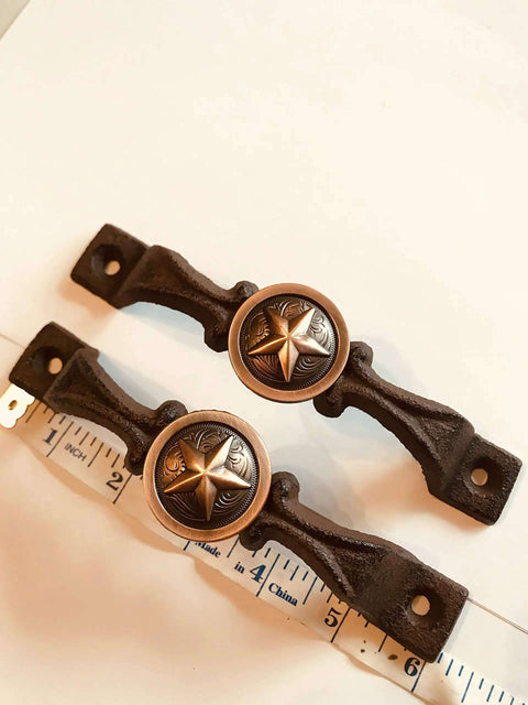 Rustic Cast Iron Western Star Concho Door Handle And Drawer Pull Set In Antique Copper 2 Pack Pre Drilled Holes on measuring tape