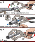 Illustration of Locking Welding Pipe Pliers Clamp, 13 Inch Heavy Duty C Clamp For Round Tubes, alignment and locking steps