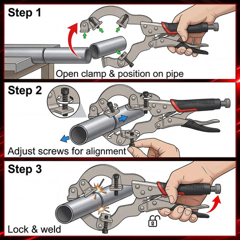 Illustration of Locking Welding Pipe Pliers Clamp, 13 Inch Heavy Duty C Clamp For Round Tubes, alignment and locking steps