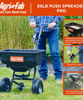 85 Lb Heavy Duty Push Lawn Spreader Pro for Big Yard Coverage, featuring smooth pneumatic tires and enclosed gearbox.