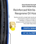 Close-up of Retractable Oil Hose Reel One Half Inch By Fifty Feet Premium Steel Construction label and details.