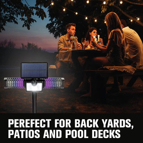 Solar Powered 2in1 Bug Zapper And Flood Light Outdoor Insect Killer with 18W UV Lamp illuminating a backyard evening gathering.