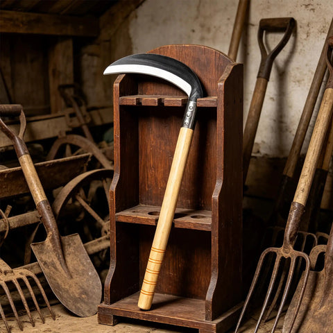 Lightweight Wood Handle Grass Sickle With Carbon Steel Blade For Easy Weeding And Lawn Care on tool rack