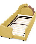 3D Dino Headboard Kids Bed With Safety Guardrails, Double Size, Solid Wood Frame, Raised Padded Rails, Terry Cloth Fabric Upholstery